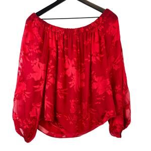 White House Black Market Size S Off Shoulder Floral Puff Sleeve Blouse Red